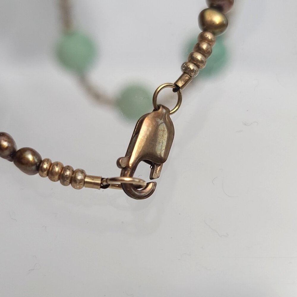 green turquoise beaded necklace w black freshwater pearls and gold filled clasp - Picture 7 of 11